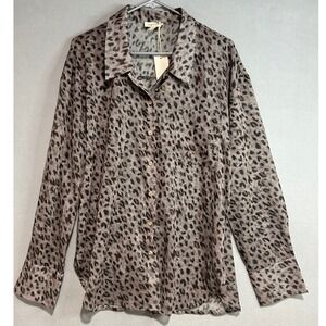 Mystree Women's Leopard Print Button Up Shirt Top Size XL Long Sleeve Sheer